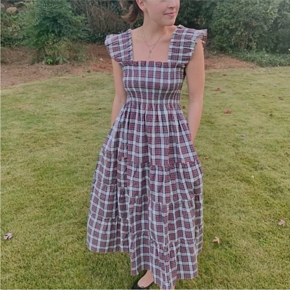 Hill House Ellie Nap Dress Multi Tartan Plaid Smocked Midi Ruffle Size Medium - Picture 3 of 12